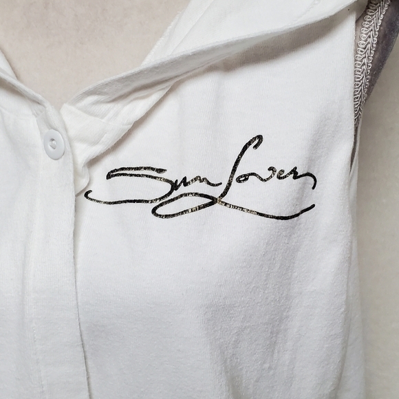 Rare 80s Vintage Sun Lovers Spell Out White Cotton Hooded Sleeveless Open Duster - Picture 6 of 15